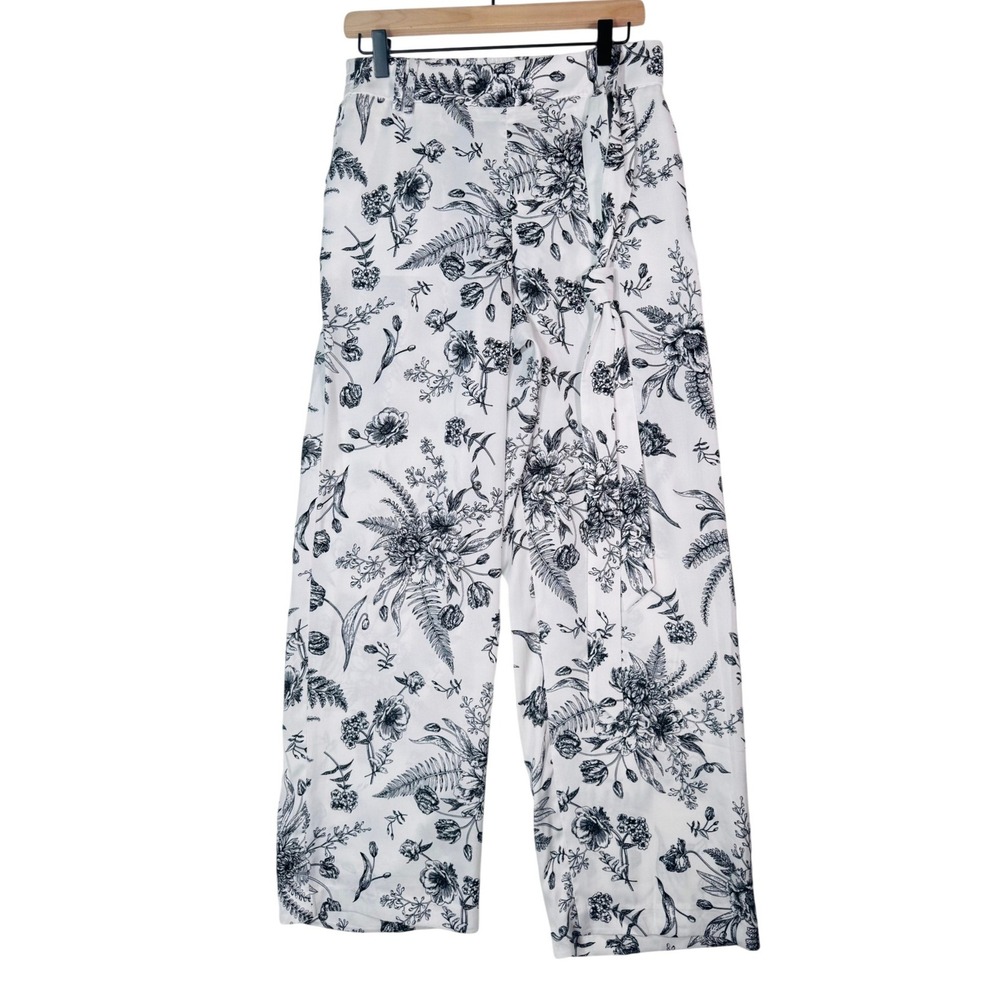 Talbots Women Small White Black Floral Wide Leg Crop Pants Tie Waist Vacation